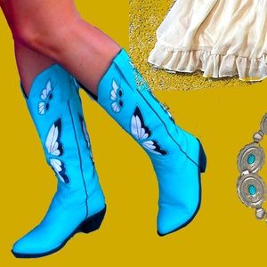 Turquoise butterfly knee high cowgirl boots